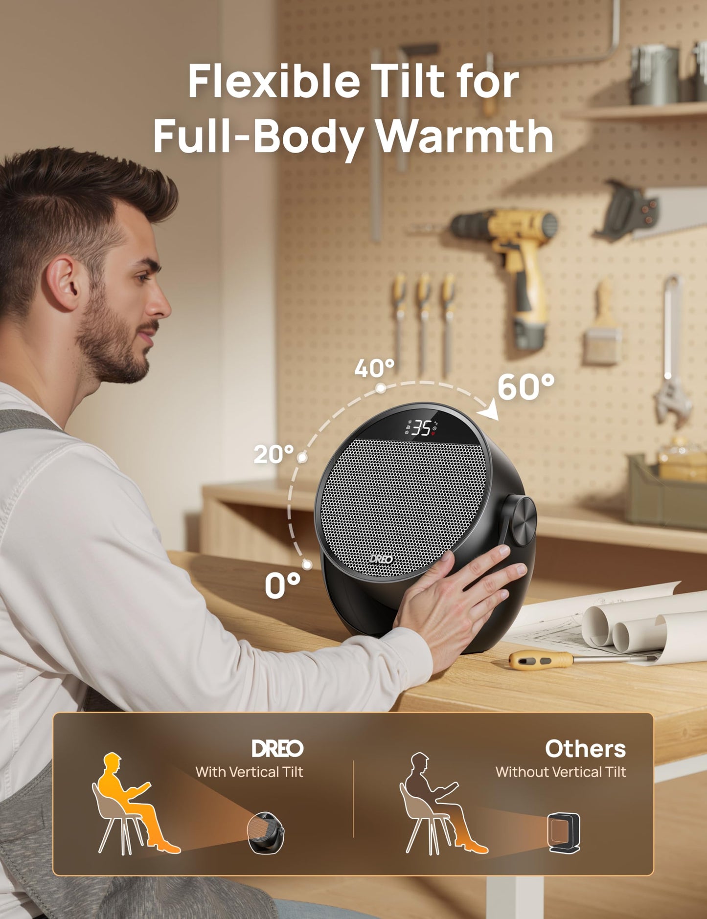 DREO Space Heaters for Indoor Use, 60° Adjustable Tilt, 11.5ft/s Electric Heater with Thermostat, 8 Safety Protections, 3 Heat & 3 Fan Levels, Remote, 34dB Quiet Desk Heater for Room Bedroom Office