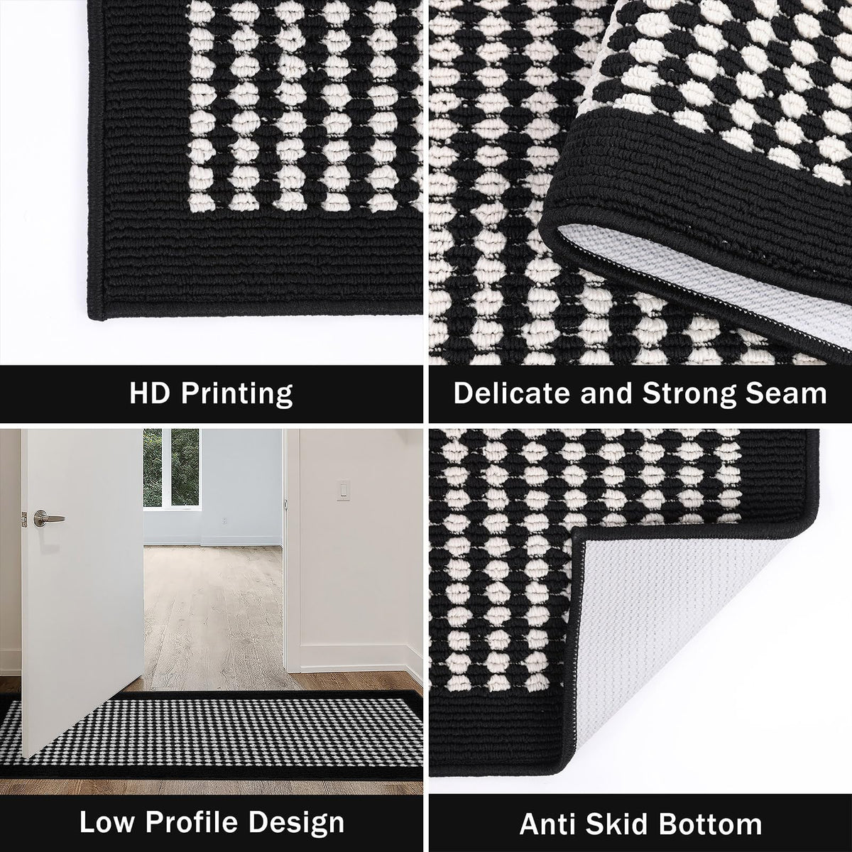 Ileading Kitchen Mat Sets 3 Piece Minimalist 3D Lattice Kitchen Floor Rugs with Non Slip Rubber Backing Machine Washable Farmhouse Runner Rugs for Laundry Hallway Doormat(Black)