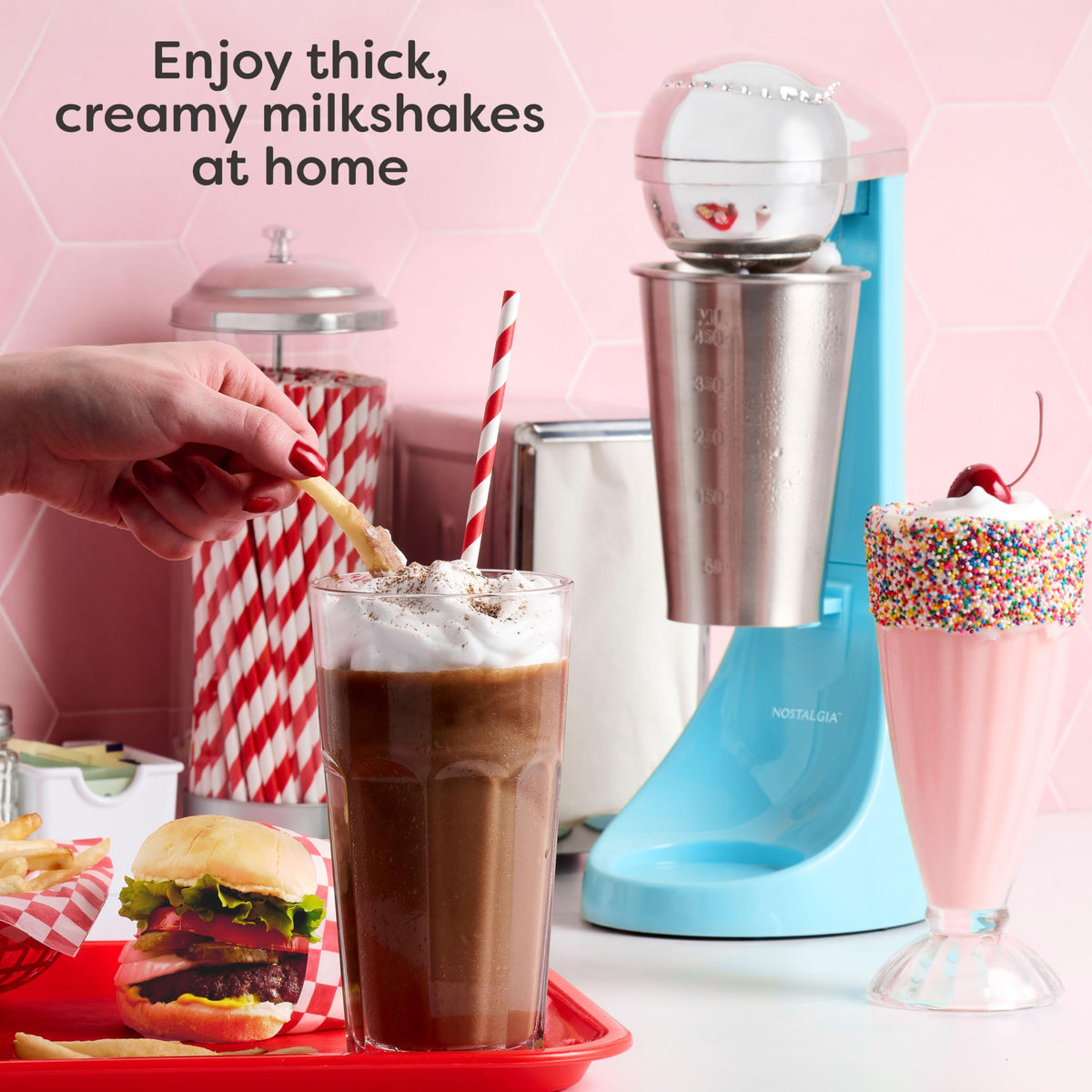 Nostalgia Two-Speed Electric Milkshake Maker and Drink Mixer, Includes 16-Ounce Stainless Steel Mixing Cup & Rod, Blue