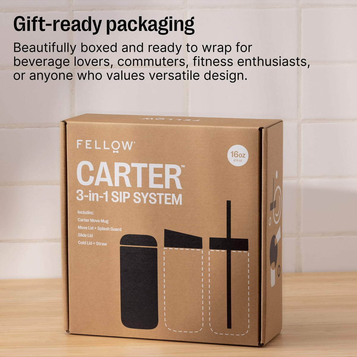 Fellow 16 oz Carter Bundle (3 in 1) Travel Mug with Slide-Lock, Move & Cold Lids with Straw - to-Go Coffee Tumbler, Ceramic Interior & Vacuum-Insulated Stainless Steel - Coffee Cups-Hazy Blue