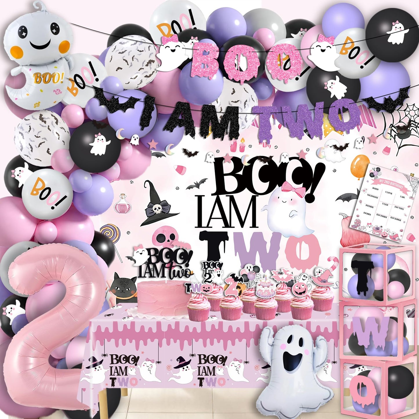 Boo I'm Two Halloween Decorations - 2nd Birthday Party Decorations for Girls - Pink & Purple Ghost, Bat Balloons