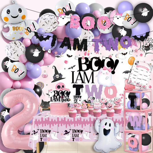 Boo I'm Two Halloween Decorations - 2nd Birthday Party Decorations for Girls - Pink & Purple Ghost, Bat Balloons