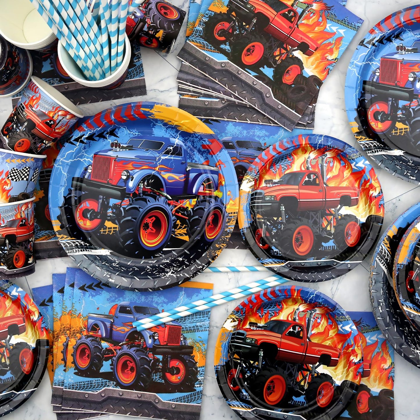 KEFAN Monster Truck Birthday Party Decorations, Monster Truck Birthday Party Supplies including Backdrop, Plates, Cups, Napkins, Tablecloth, Balloons for Boys Birthday Party (Background)