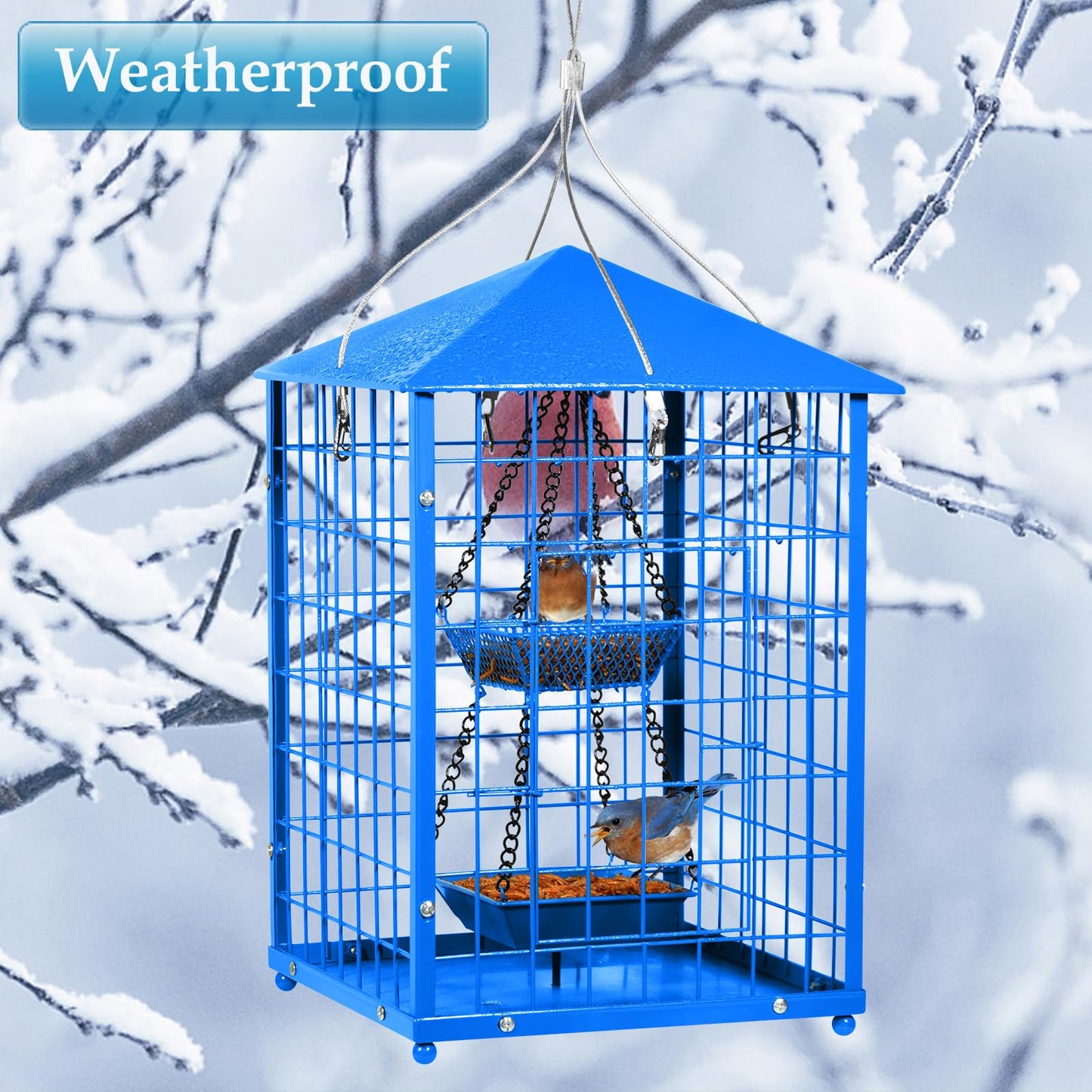 Mealworms Bird Feeders for Bluebirds - Metal - Huge Caged Squirrel-proof Bird Feeders with 2 Cups, DIY Wild Bird Feeders Outdoor Hanging (Blue), Attract Small Birds, 2lbs Seed Capacity+1 Mealworms Cup