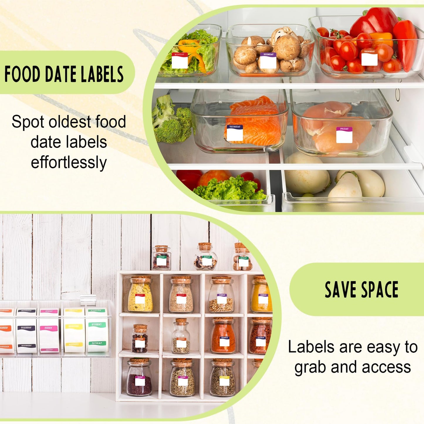 3500 Day of The Week Stickers with Wall Mounted Stickers Organizer Box Square Day Dots Food Labels Removable Food Rotation Labels 7 Slot Label Sticker Roll Holder for Kitchen Office