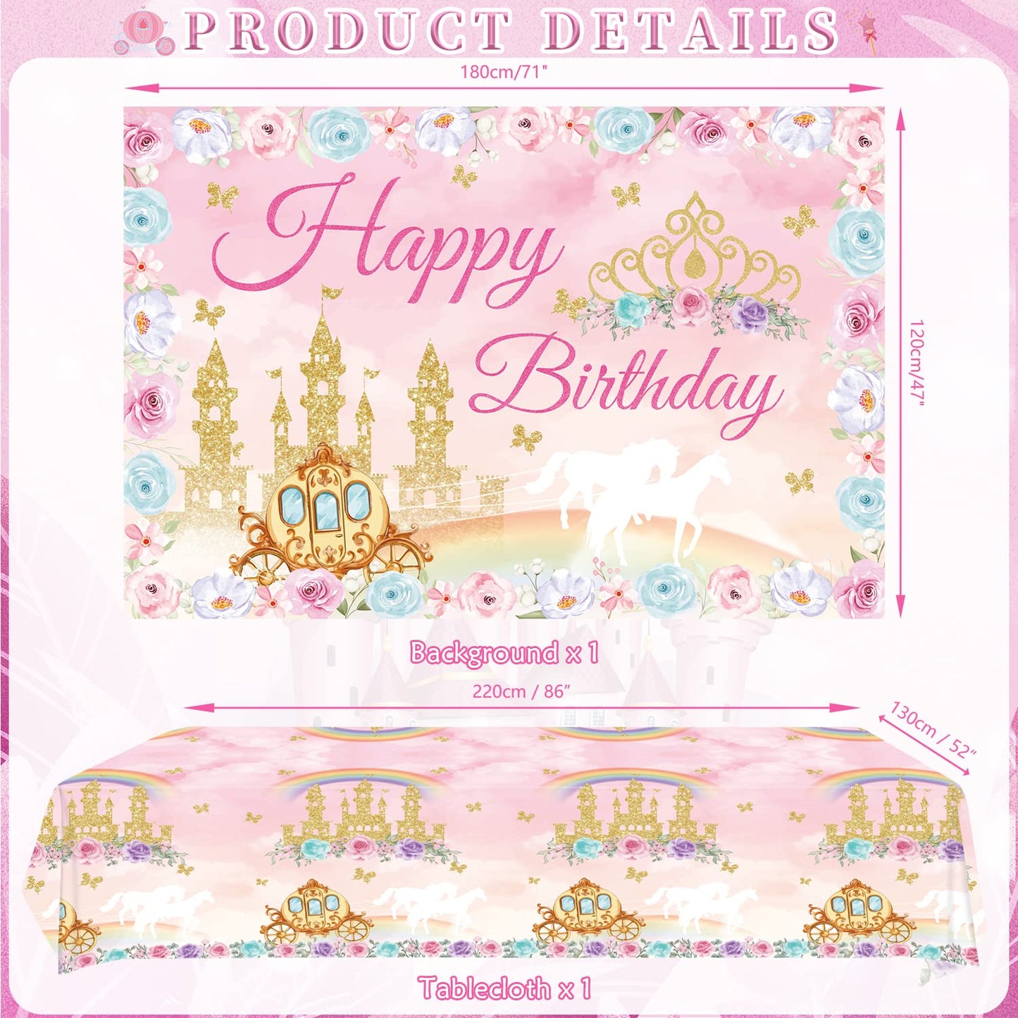 Princess Birthday Party Supplies, Includes Backdrop Banner, Plate, Napkins, Cake Toppers, Crown, Wands, Tablecloth, Balloons, for Girls Princess Baby Shower Decorations Serve 20 Guests