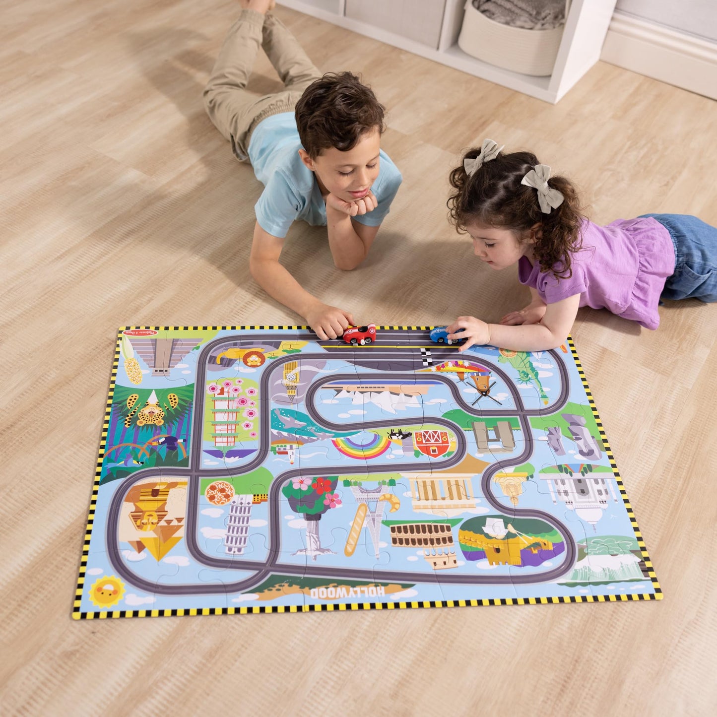 Melissa & Doug Race Around the World Tracks Cardboard Jigsaw Floor Puzzle and Wind-Up Vehicles (48 Pcs) for Preschoolers and Kids Ages 4+ - FSC Certified
