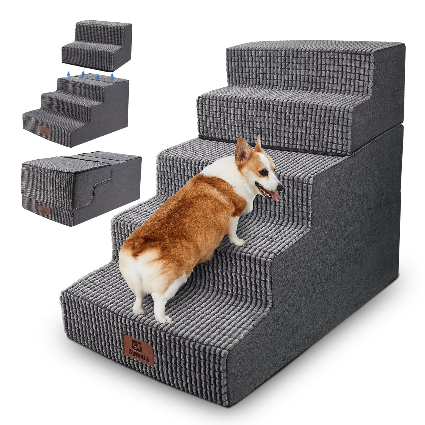 Pet Stairs Ramp for High Beds and Couch for Dogs to Get on Bed - 4 Steps Foldable Stairs for Small Dogs and Old Cats - Foam&Non-Slip&Washable by Sytopia, Grey, 2/3/4/5 Steps