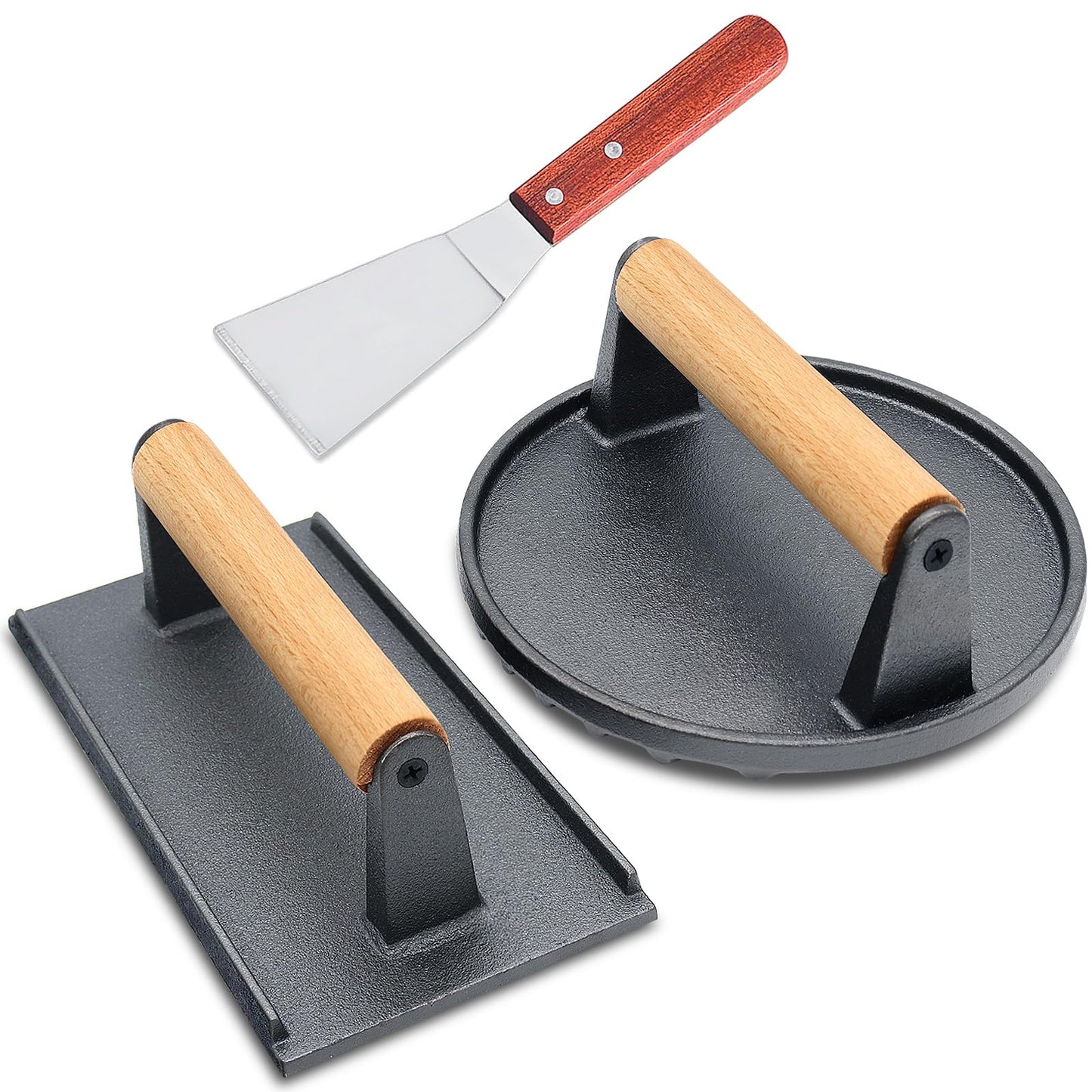 Smash Burger Press, Heavy-Duty Cast Iron Meat Press Hamburger Press with Heat Resistant Wooden Handle Hamburger Patty Maker Grill Bacon Sandwich Press Kit, 7" Round & 8.2"X4.3" Rectangle