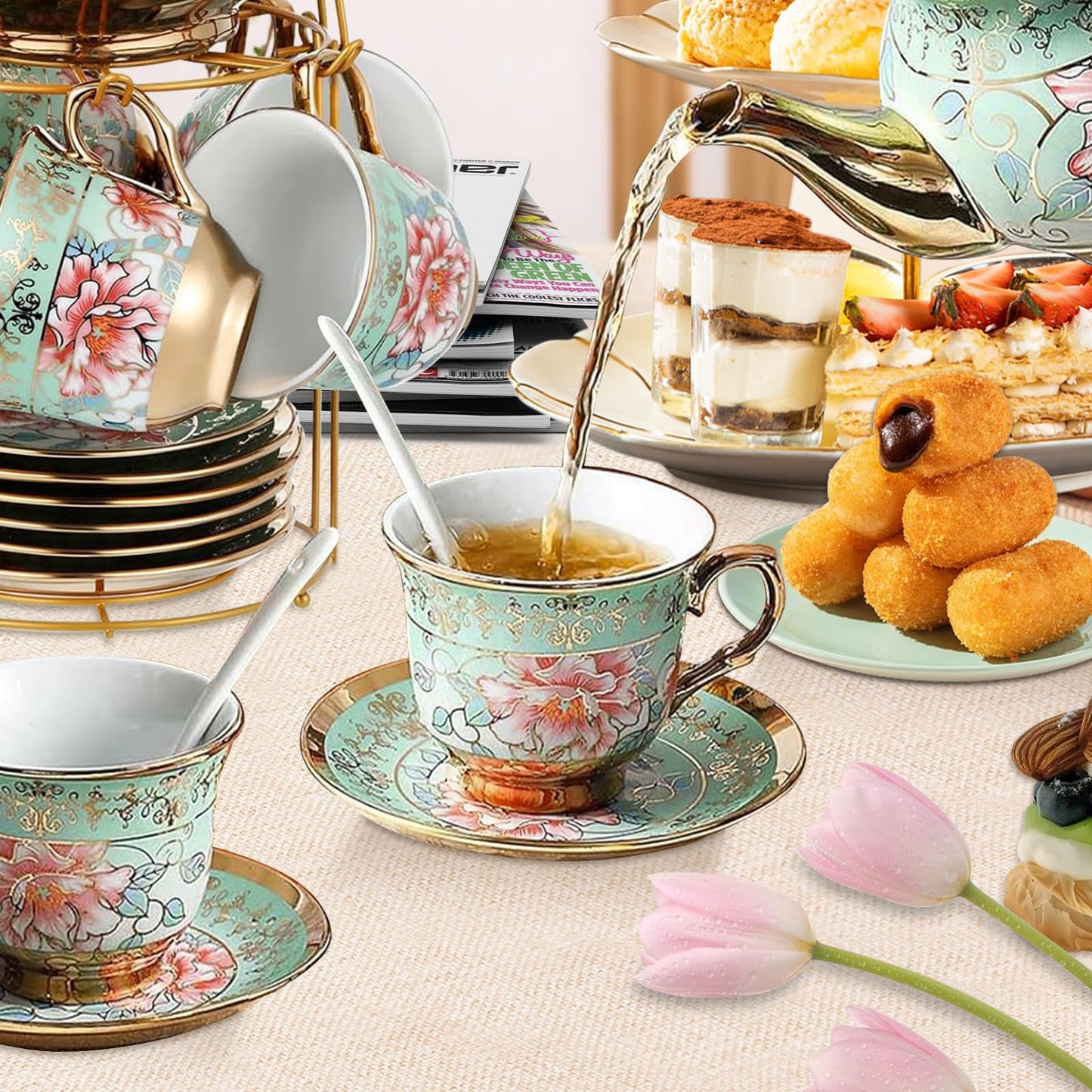 20 Pcs Porcelain Tea Set with Metal Holder, Adult Tea Sets Gift, European Ceramic Tea Set for Adults, Flower Tea Cup Saucer Set for Party with Gold Flower Painting (Fresh Green)