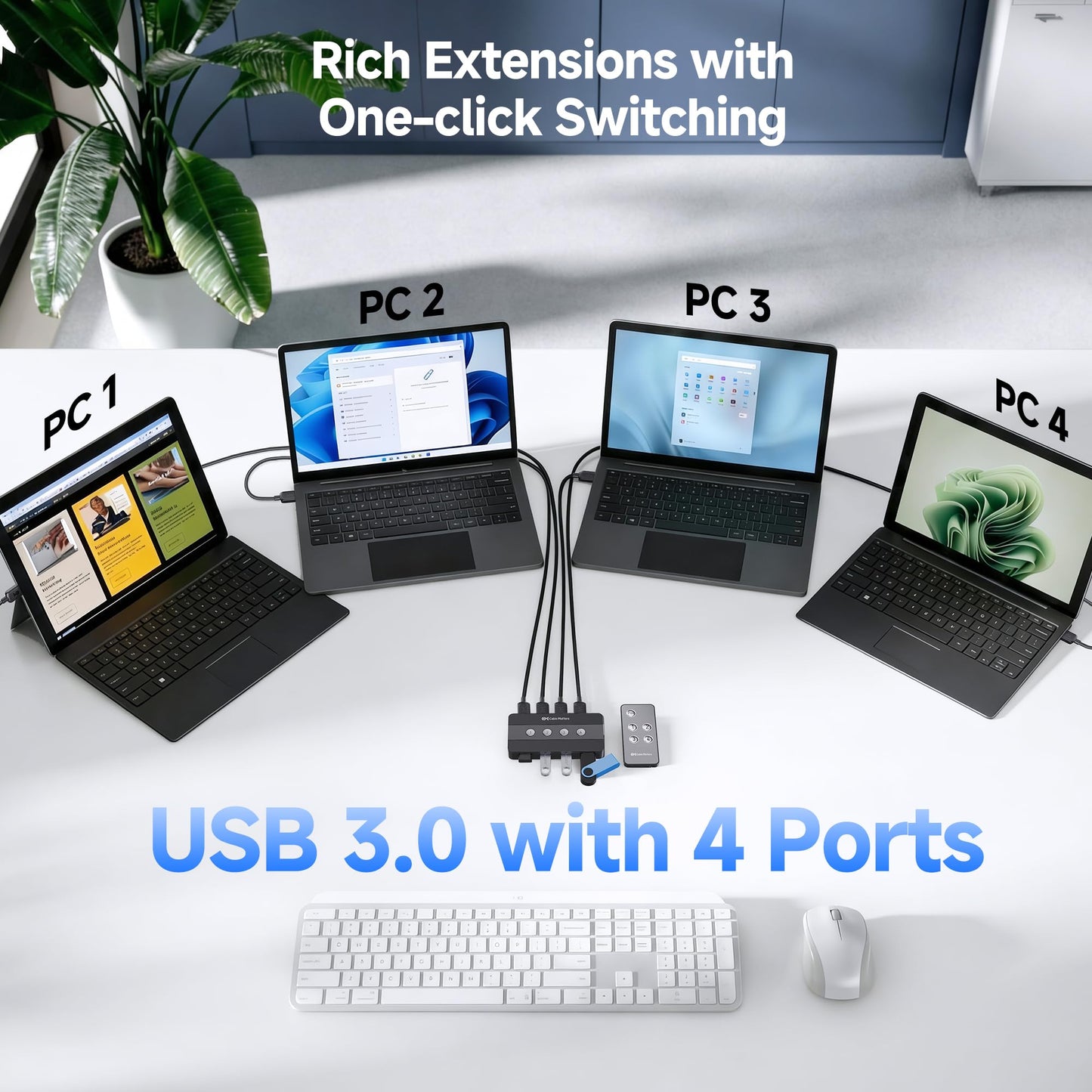 Cable Matters 4 Port USB 3.0 Switch Hub USB Sharing Switch for 4 Computers and USB Peripherals - Button or Wireless Remote Control Swapping - Includes a USB-C Adapter for USB-C and Thunderbolt 3