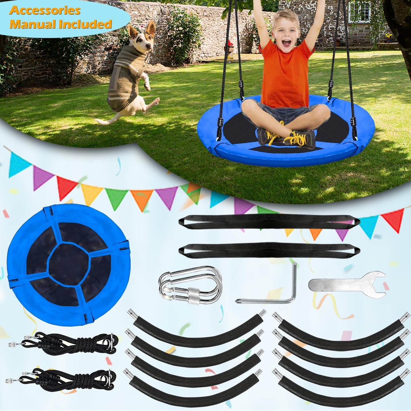 40 Inch Blue Saucer Tree Swing Set for Kids Adults 500lb Weight Capacity Waterproof Flying Swing Seat Outdoor Playground, Backyard