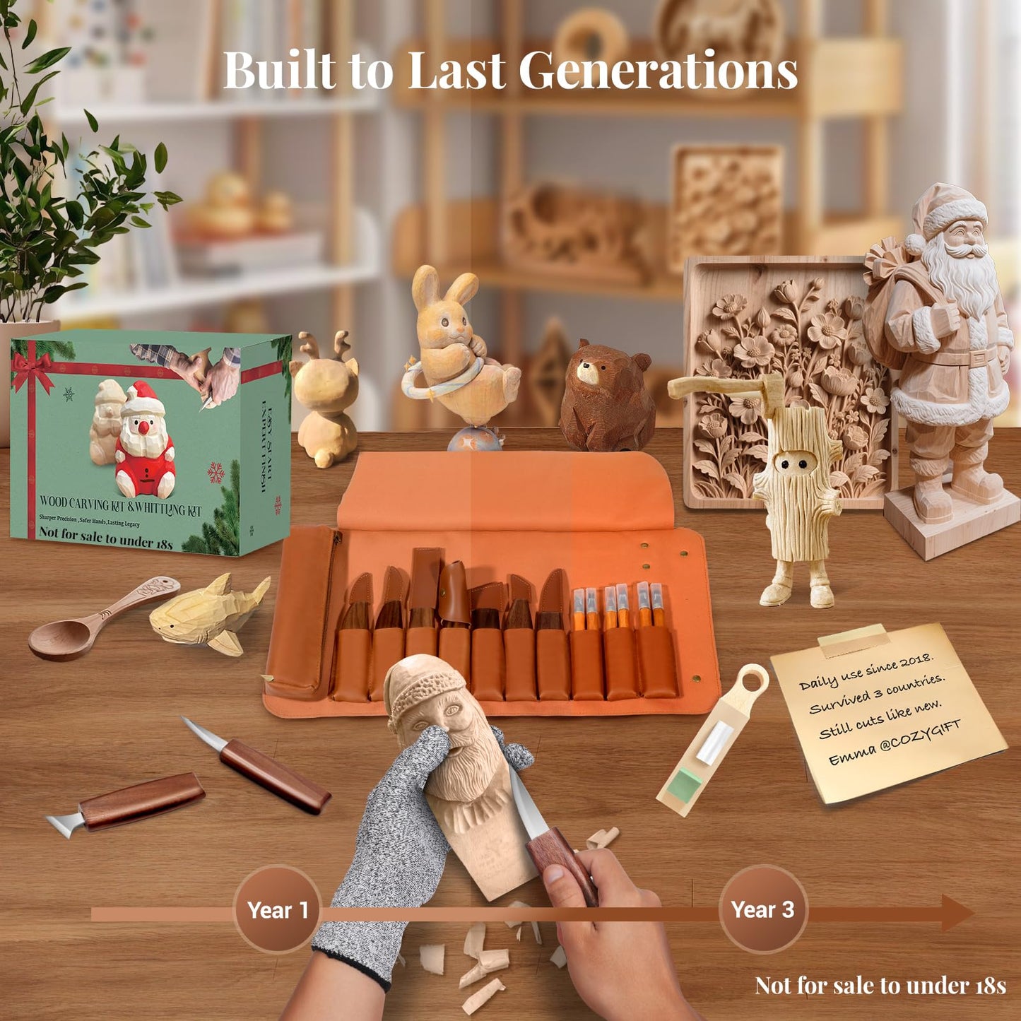 COZYGIFT Wood Carving Kit for Adults & Kids Beginners, 31PCS Whittling Knife Set with Video Tutorials - Hook Knife for Spoon Carving, Basswood Blocks, Strop & Gloves. Best DIY Hobby Gift for Dad