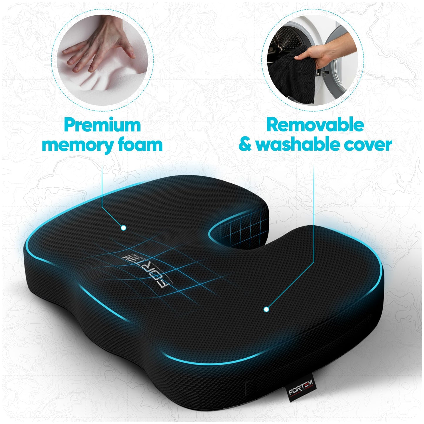 FORTEM Office Chair Cushion, Memory Foam Seat Cushion, Non Slip Sitting Pillow for Gaming, Car Seat, Computer Chair Pad, Sciatica and Tailbone Support, Washable Cover