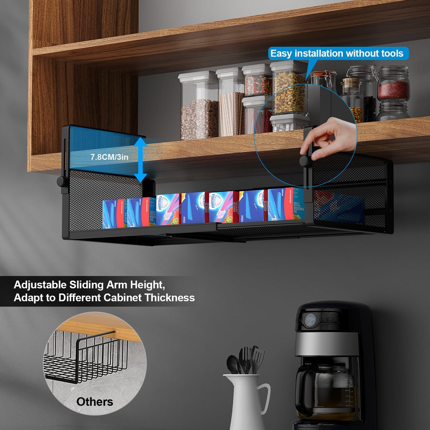 AmonHouseware 2Pack Under Shelf Basket, Adjustable Hanging Under Cabinet Shelf Storage, Hanging Holder Length Stretchable 14.9-22.6Inch for Kitchen Pantry Desk Counter Bookshelf Cupboard (Black)