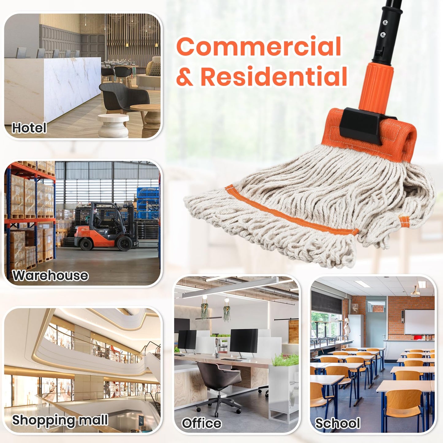 Commercial Mop, 58" Heavy Duty Industrial Mops for Floor Cleaning, String Cotton Mops Wet Mop Professional Janitor Mop for Home,Garage,Office, Workshop, Warehouse-Safety Orange
