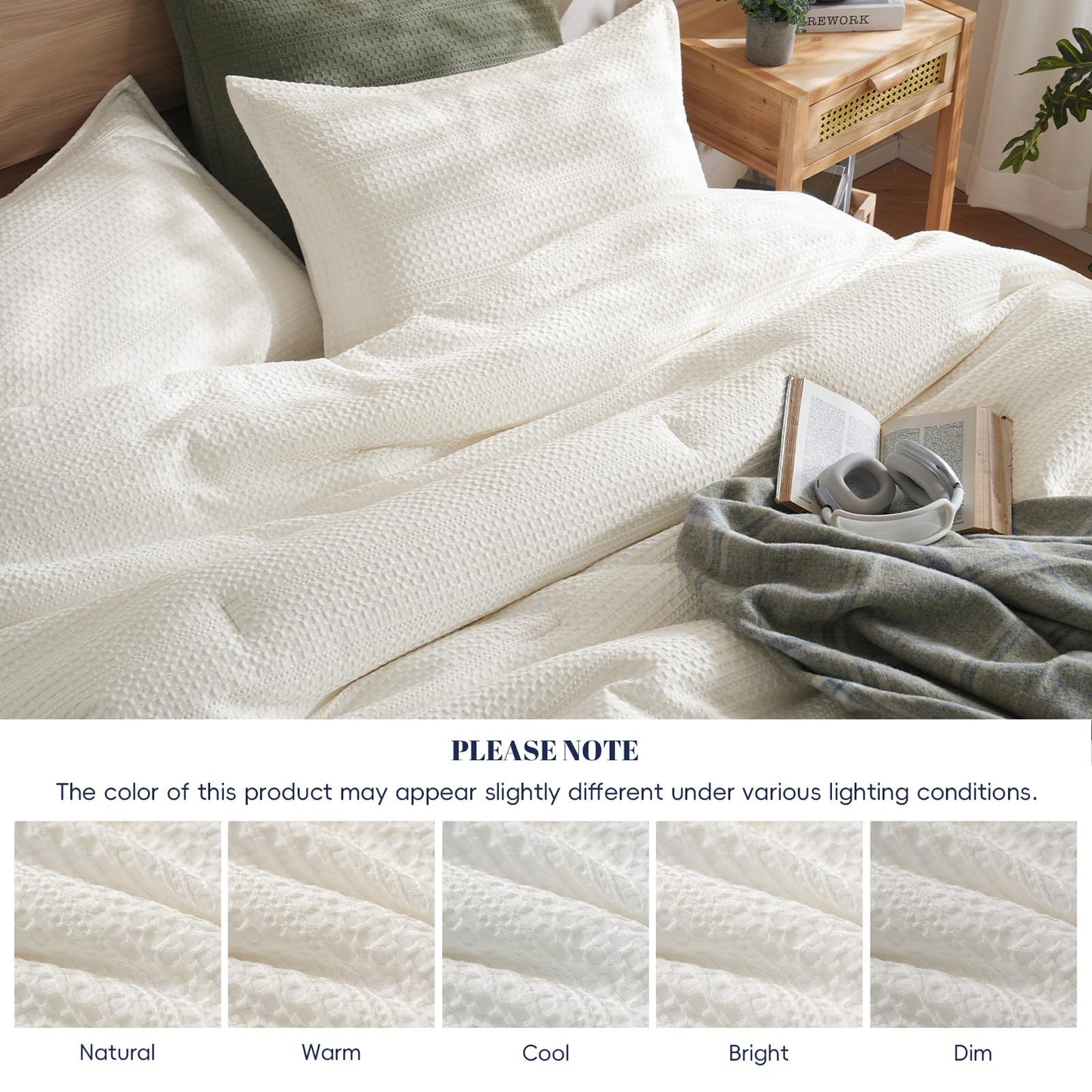 PHF Soft Waffle Comforter Set Queen Size- Comfy Breathable Waffle Weave Comforter with 2 Pillow Shams, 3 Pieces No Snagging Lightweight Bedding Set for All Season, Cream