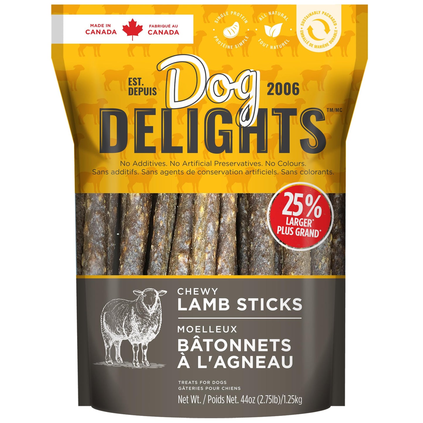 Chewy Lamb Stick Dog Treats Bundle. Includes (1) Package of Dog Delights Chewy Lamb Sticks Dog Treats (1.25kg) with BIG MAPLE Trivia Cards. All Life Stages. No Additives, Preservatives or Colours