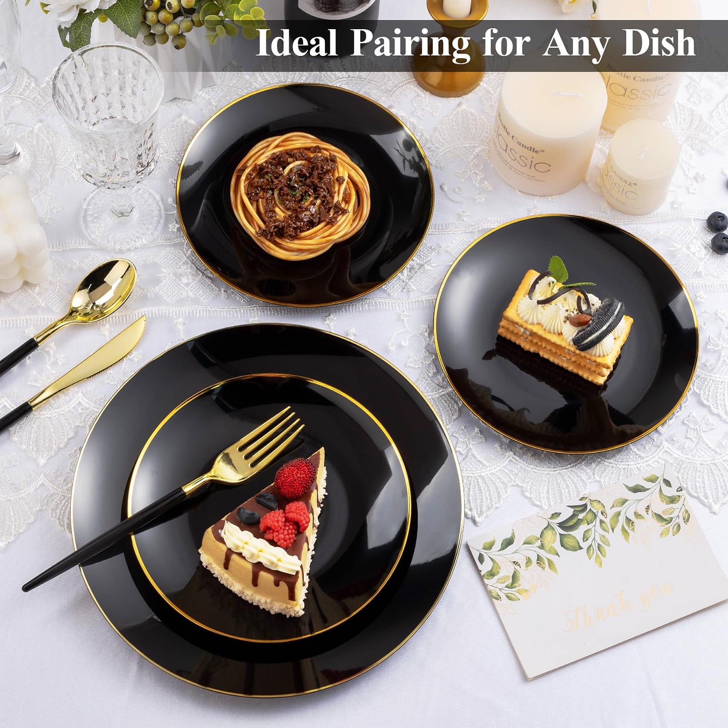 Bestluck 100PCS Black Plastic Plates with Gold Rim, Black Gold Disposable Plates for Party, Graduation and Wedding, Include 50 Dinner Plates, 50 Dessert Plates for 50 Guests