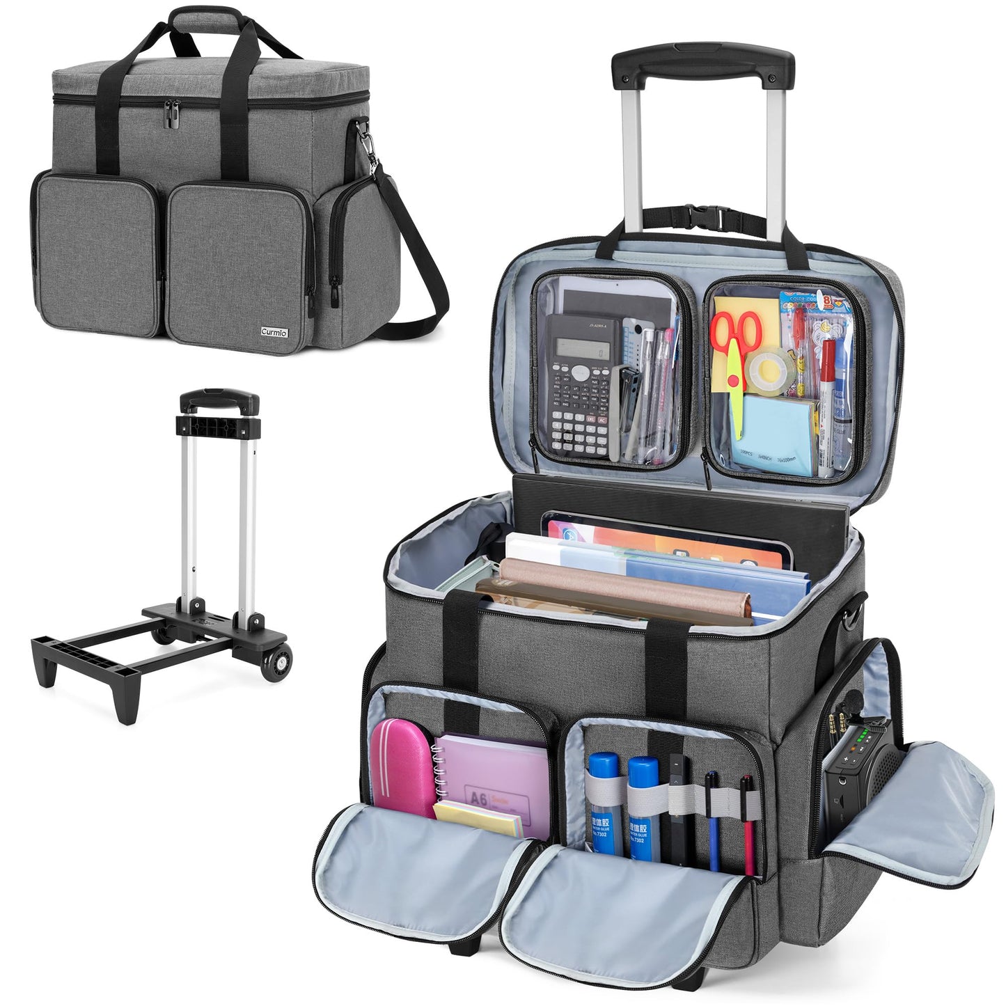 CURMIO Rolling Teacher Tote Bag with Padded Laptop Compartment for up to 15.6 Inches Laptop, Wheeled Teacher Bag for Teaching, Office, Craft or Tutoring Supplies, Gray