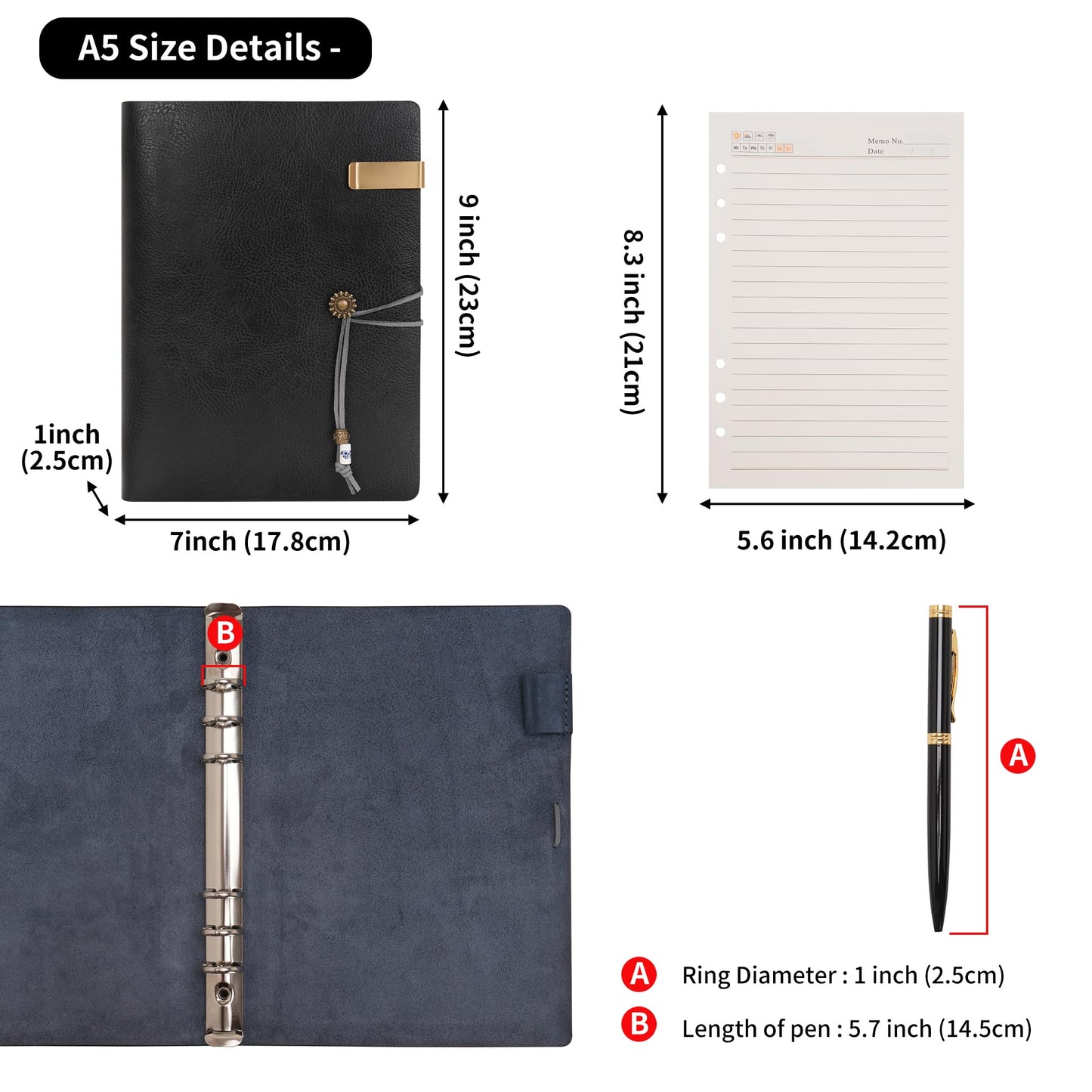 Wonderpool Leather Journal Lined Paper Notebook & Pen - Refillable 6 Ring Binder Writing Spiral Diary with Ruled Notepads Vintage Cover for Office Travel Work and Plan Agenda (a-Black, A5)