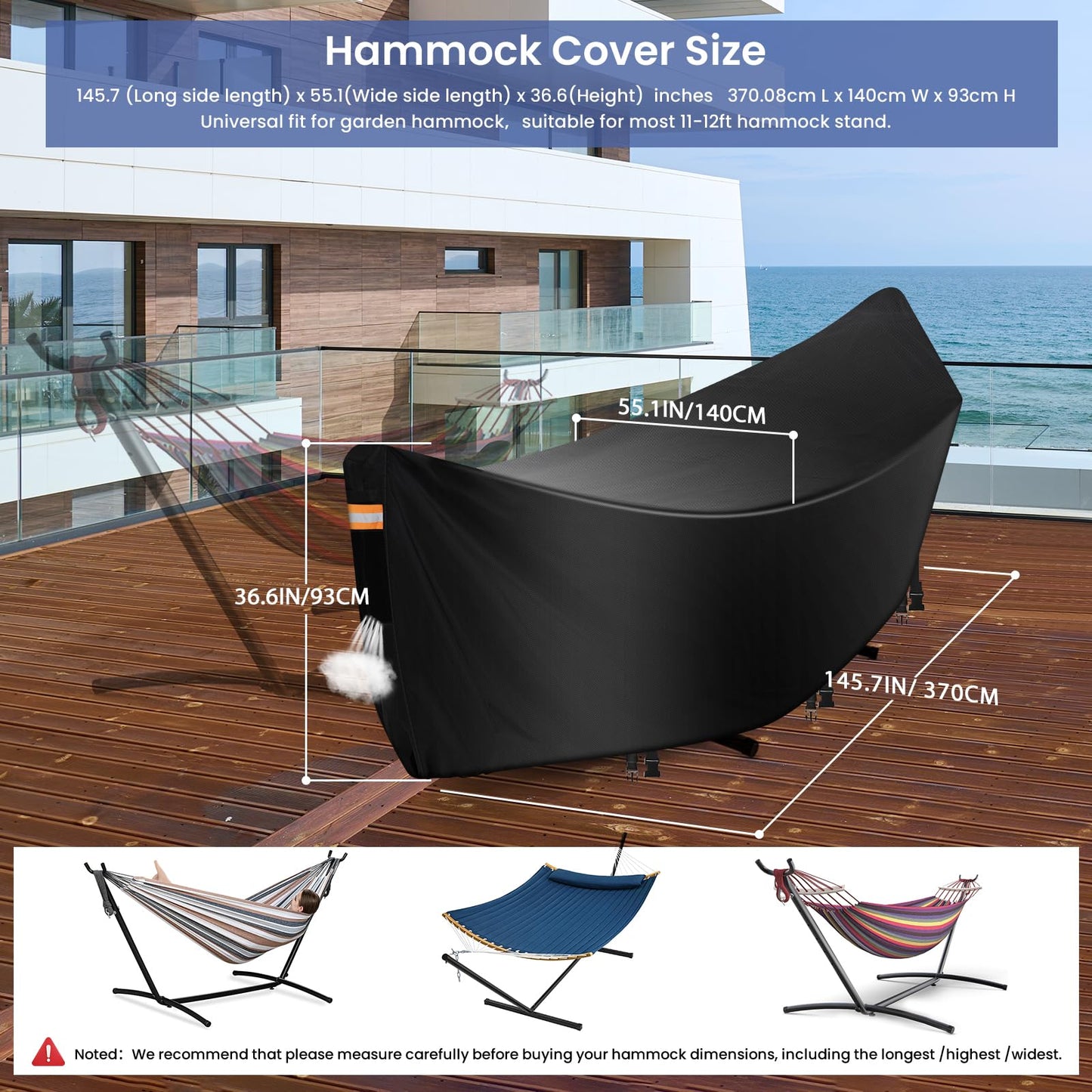 Hammock Cover Waterproof,Heavy Duty 420D Hammock Stand Covers for Outdoor,Breathable Dust Protector with 2 Air Vents,3 Windproof Buckles，Universal Cover Fits for 11-12ft Stand,All-weather Protection
