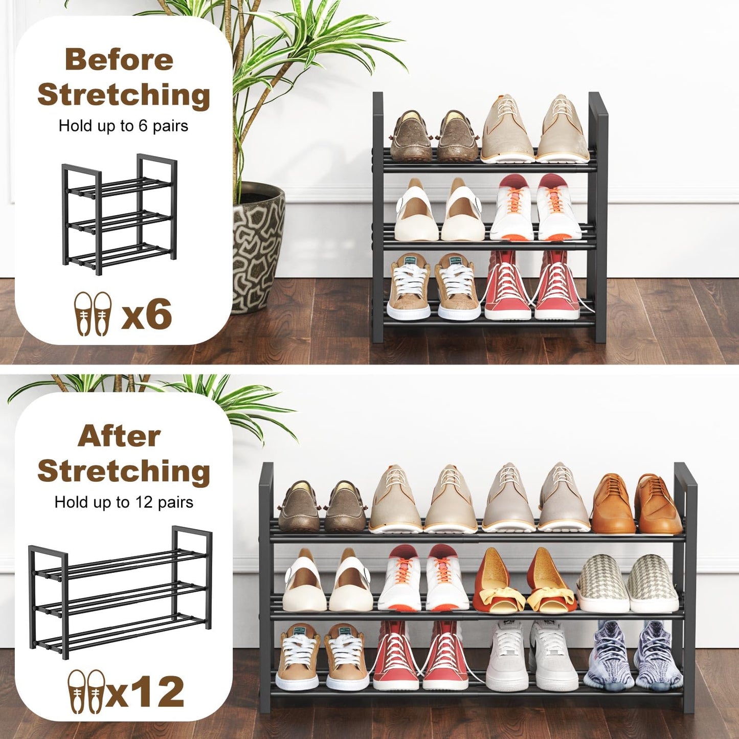 Roylvan 3-Tire Expandable Shoe Rack, 17"-31" Adjustable Stackable Free Standing Shoe Shelf Storage Fits 6-12 Pairs Shoes, Heavy Duty Reinforced Metal Shoes Organizer for Closet Entryway Doorway Dorm