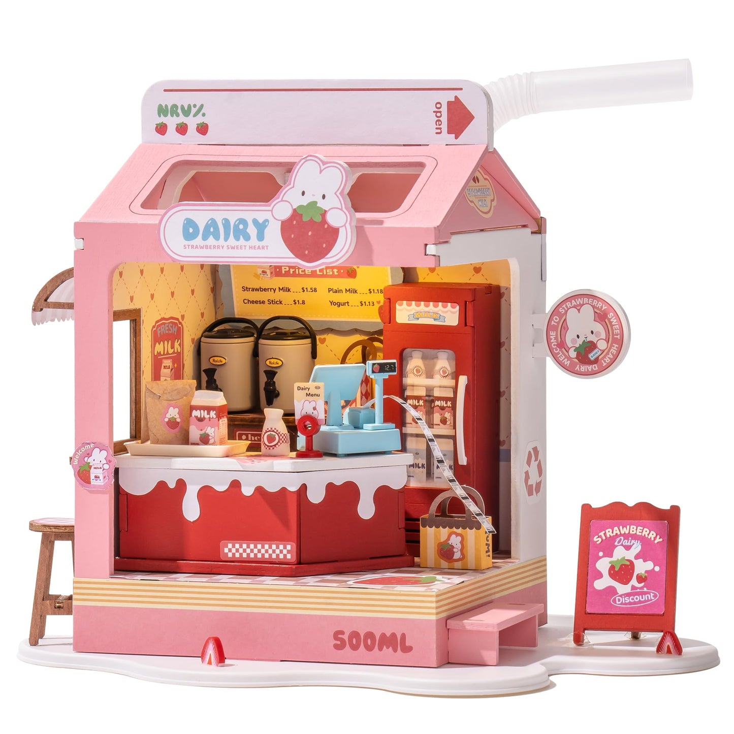 Rolife DIY Mini House Building Miniature Kit Milkbox, Miniverse Lifestyle Bookshelf Decoration, Cute Craft Kits for Women, Kawaii Gifts Hobbies for Crafters (Strawberry Milkbox)
