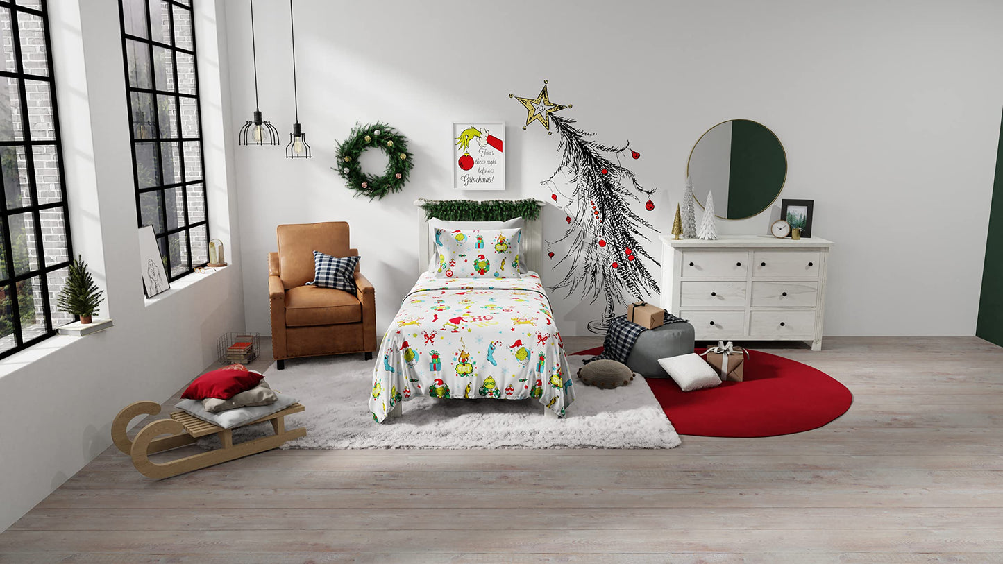 Franco Grinch by Dr. Seuss Holiday & Christmas Bedding Super Soft 100% Cotton Flannel Sheet Set, 3 pcs, Twin, (Official Dr. Seuss Product)