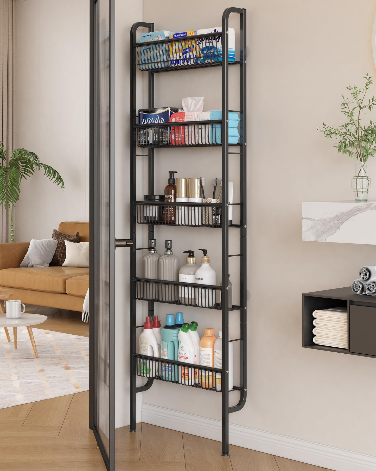 UMDONX Narrow Metal Storage Shelf Bathroom Organizer 5 Tier, Kitchen Behind Door Shelves Multifunctional Bookshelf (Black Width 9.5cm)