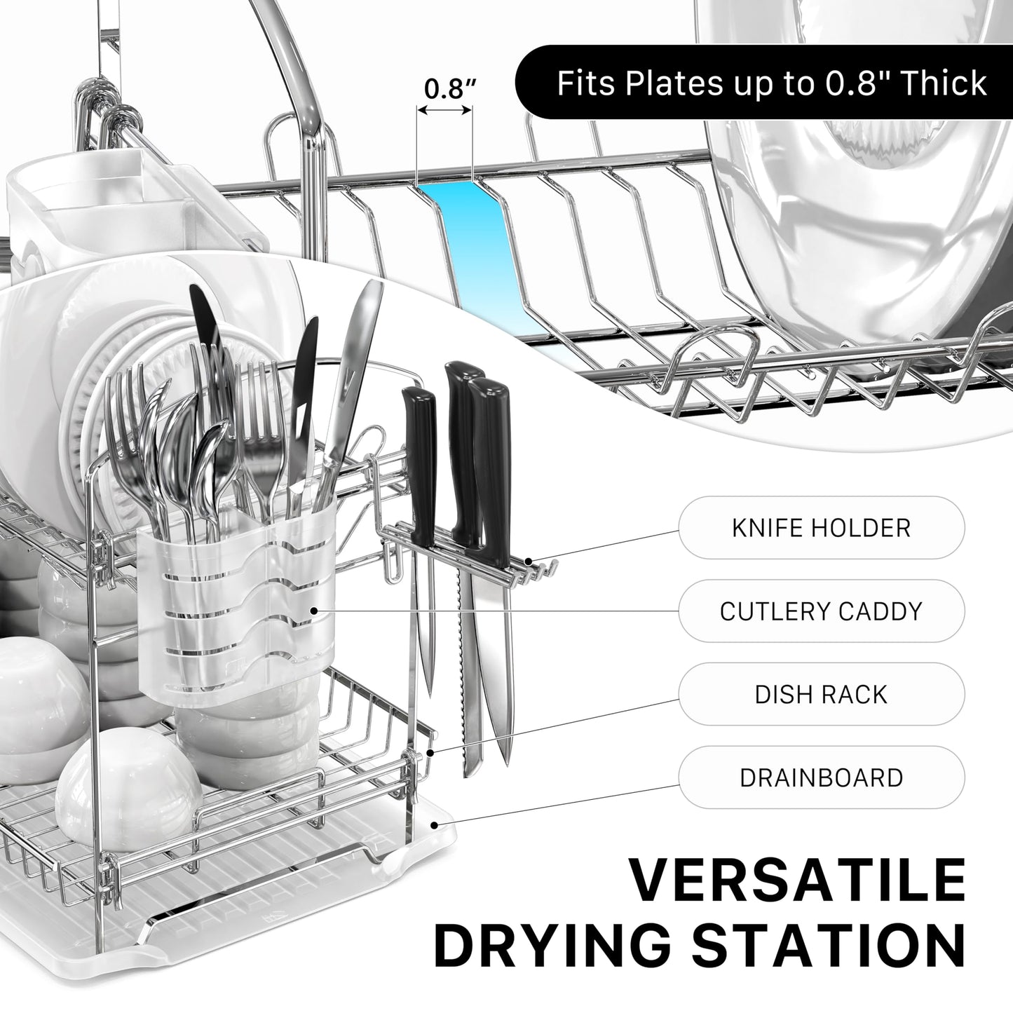 Simple Houseware 2-Tier Stainless Steel Dish Drying Rack with Drainboard, Kitchen Countertop Organizer with Cutting Board, Mug, and Cutlery Holder