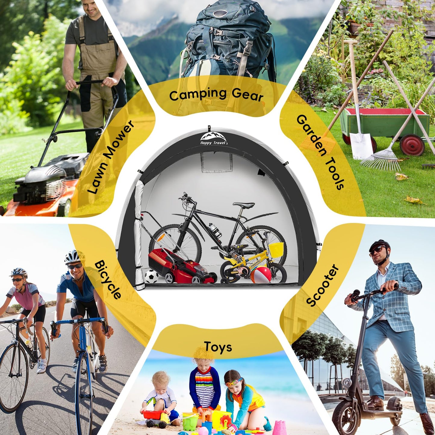 Happy Travel Bike Storage Shed Tent,Outdoor Portable Bicycle Storage Sheds with 210D Oxford Fabric PU4000 Waterproof for 2/3/4/6/8 Bikes,Bike Covers Shelter for Motorcycle,Garden Tools,Toys,Lawn Mower