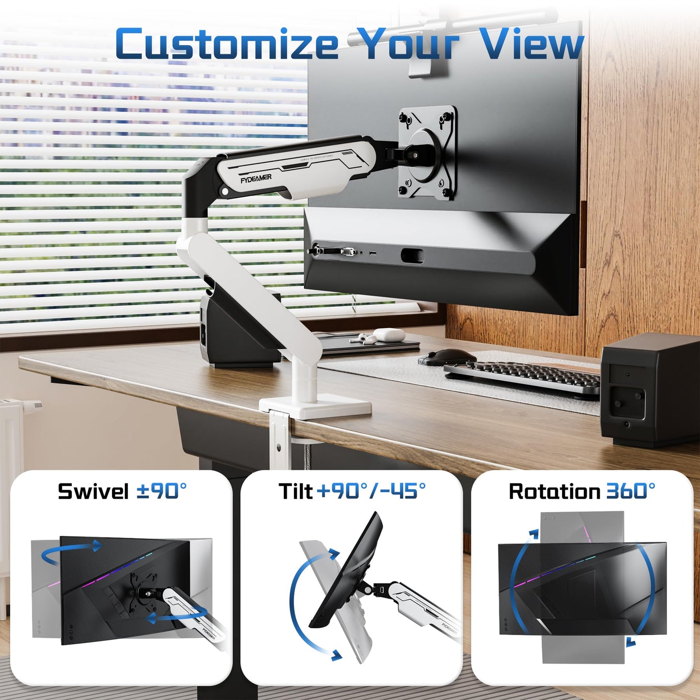 Fydeamer Single Monitor Arm, Heavy Duty Gas Spring Monitor Mount for 17-32 Inch Screens up to 19.8lbs, Full Motion Adjustable Monitor Desk Mount with VESA 75x75/100x100mm Compatibility, White