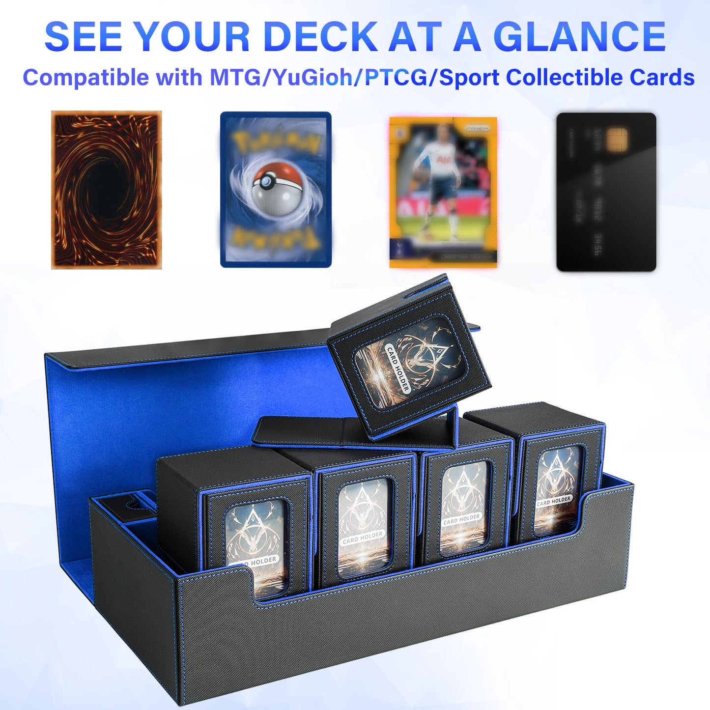 Jaffzora Card Deck Box for MTG Commander, Large 6 in 1 Card Storage Display Case with 5PCS TCG Deck Boxes & Dice Tray, Holds 2400+ Unsleeved Trading Cards (Black&Blue Set)
