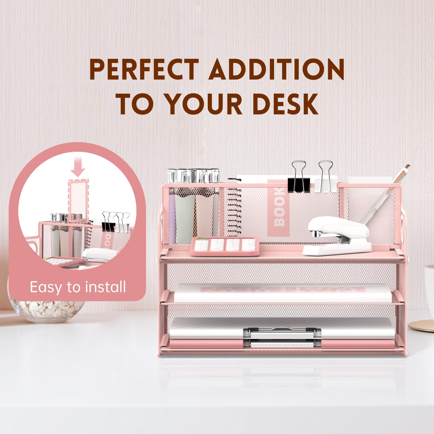 SUPEASY 3 Tier Desk Organizer with Handle & 3 Pen Holders, Mesh Paper/File Organizer for Desk, Paper Letter Tray Organizer for Office Supplies (Pink)