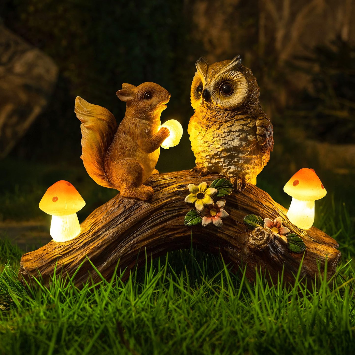 WONDHOME Solar Owl Garden Statues Outdoor Decor Resin Owl Squirrel Figurine with Mushroom Lights for Patio Lawn Yard Decorations Christmas Housewarming Gardening Gifts for Women Mom