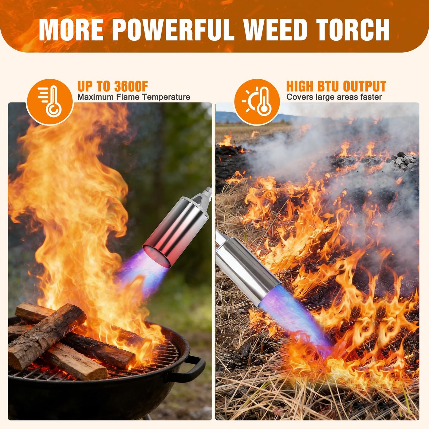 Propane Weed Control Torch Kit with 12.5 ft Hose, Outdoor Heat Tool with Push Ignition & Adjustable Output, Long or Short Setup for Yard, Snow Clearing, Driveway & Garden Work