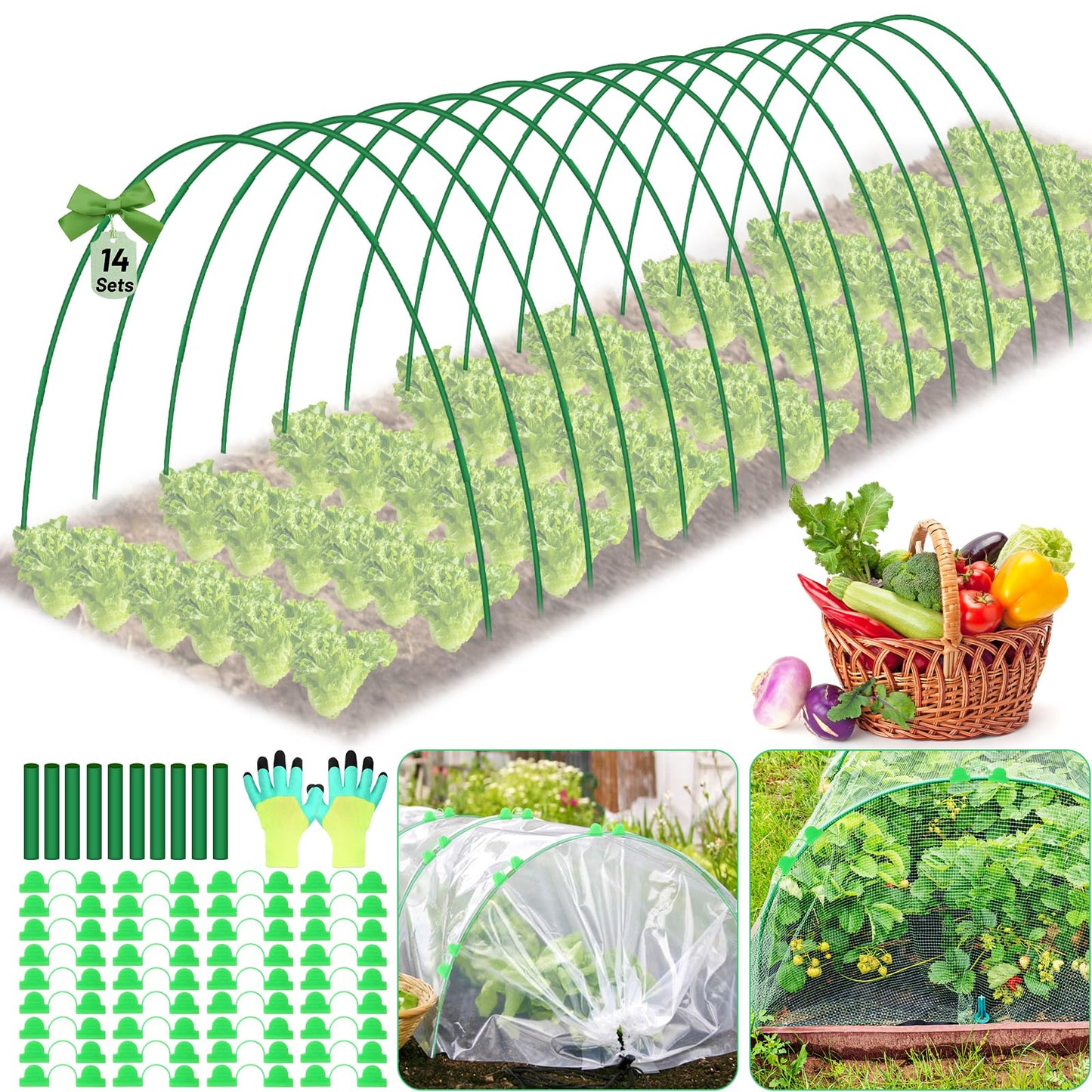 70 PCS Garden Hoops for Raised Beds 14 Sets Garden Tunnel Hoops Greenhouse Hoops Grow Tunnel, Fiberglass Garden Hoops for Netting Shade Cloth Cover DIY Plant Support Garden Stakes