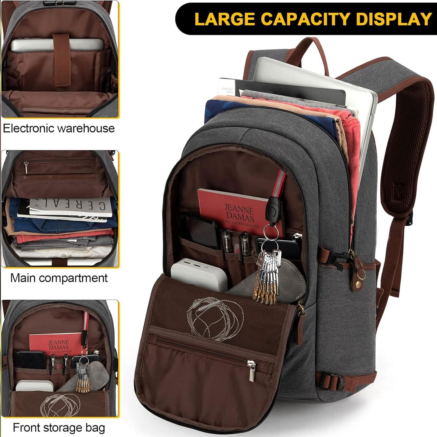 Tzowla Canvas Laptop Backpack Men,Bag for Women,Anti-Theft Rucksack Fits 15.6 Inch Laptop,School Work Travel College Backpack,Bookbag with USB Charging Port and Lock,Dark Grey