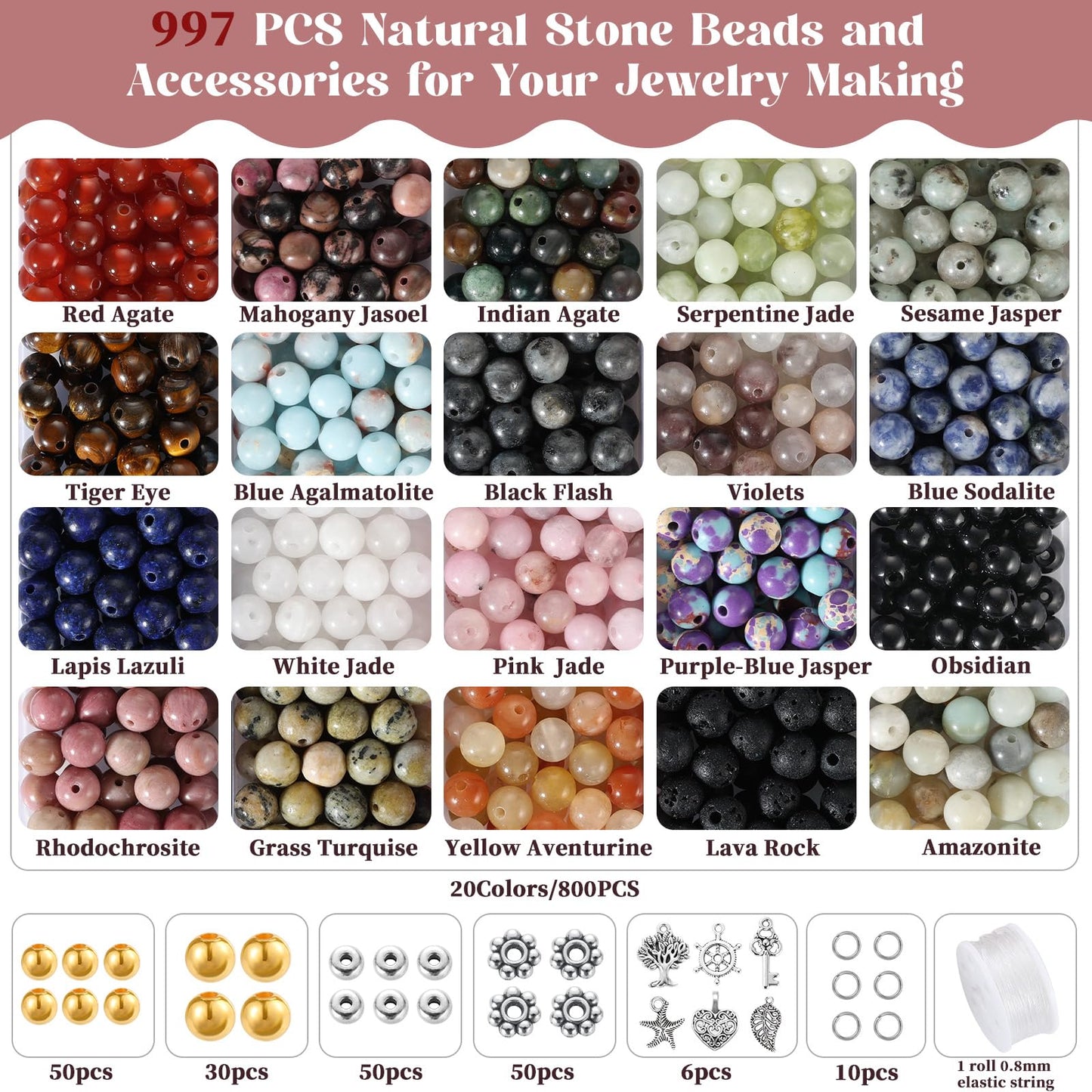 Zefy 996 Pcs 6mm Natural Stone Beads, Round Crystal Bead Genuine Real Stones, Gemstone Beads Kit with Spacer Bead Charms for Bracelets Jewelry Making (20 Colors)