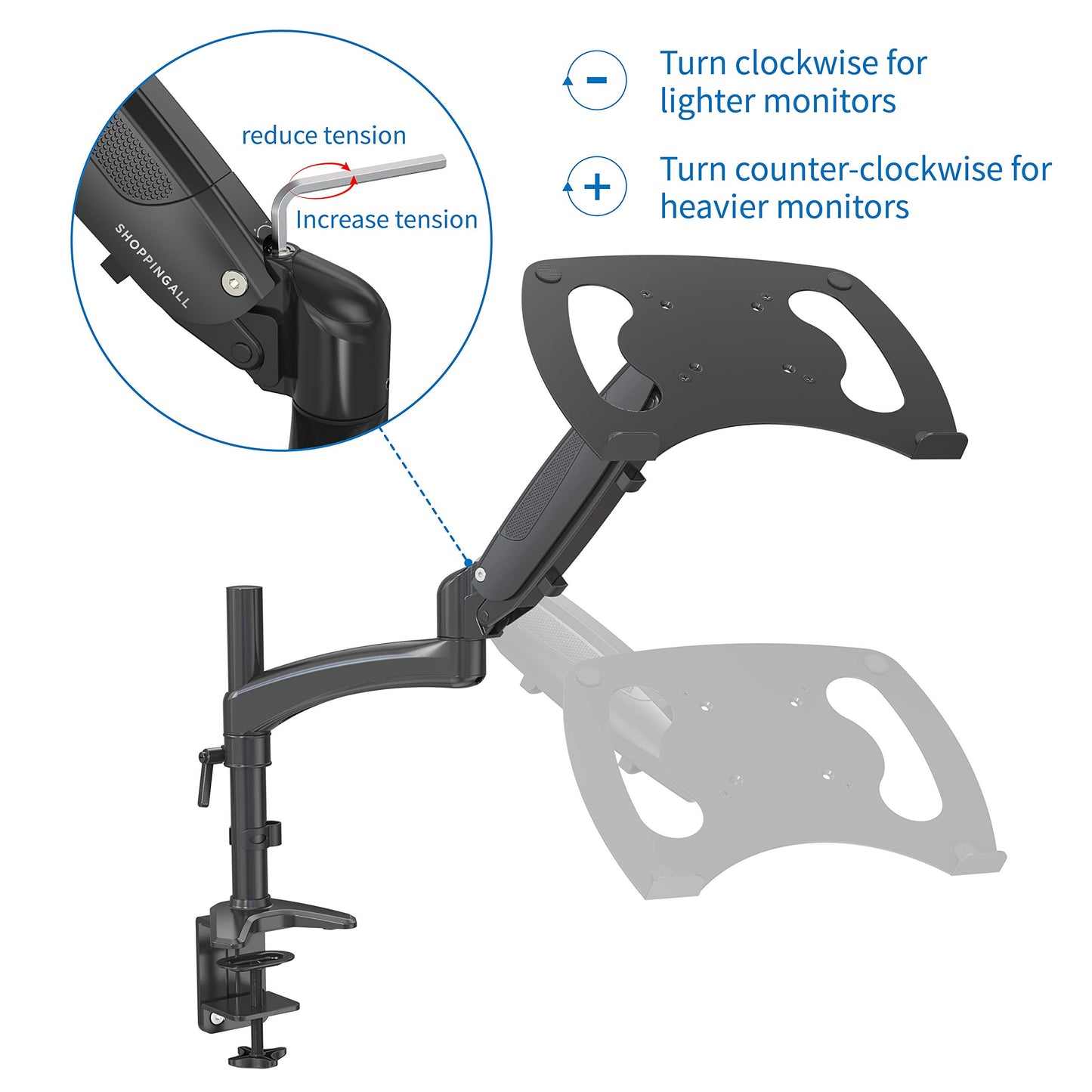 SHOPPINGALL Fully Adjustable Single Gas Spring Laptop Mount Stand for Laptops Up to 17", Both Desk clamp and Grommet mounting - SA-GM112D+D15-Black