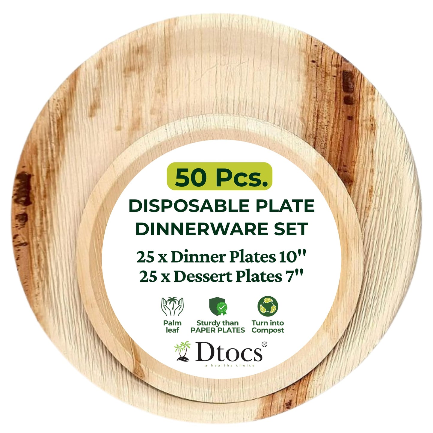 Dtocs Palm Leaf Disposable Plates (50 Pcs.) – 10 Inch Dinner, 7 Inch Dessert Plate Set (25 Each) | Eco-Friendly Rustic Bamboo, Wooden Plate Look Party Dinnerware Set | Sturdy Alt Round Paper Plates