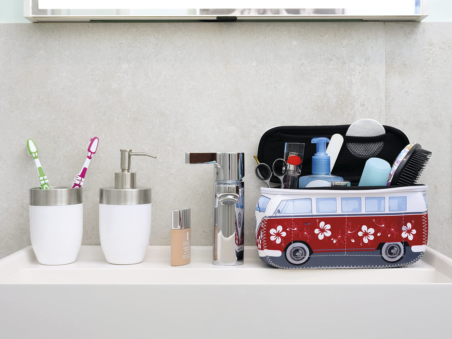 BRISA VW Collection - Volkswagen Neoprene Universal Makeup Cosmetics Toiletry Travel Pharmacy Bag in T1 Bus Design (Hibiscus/Red) (Large (30 x 14 x 12 cm))