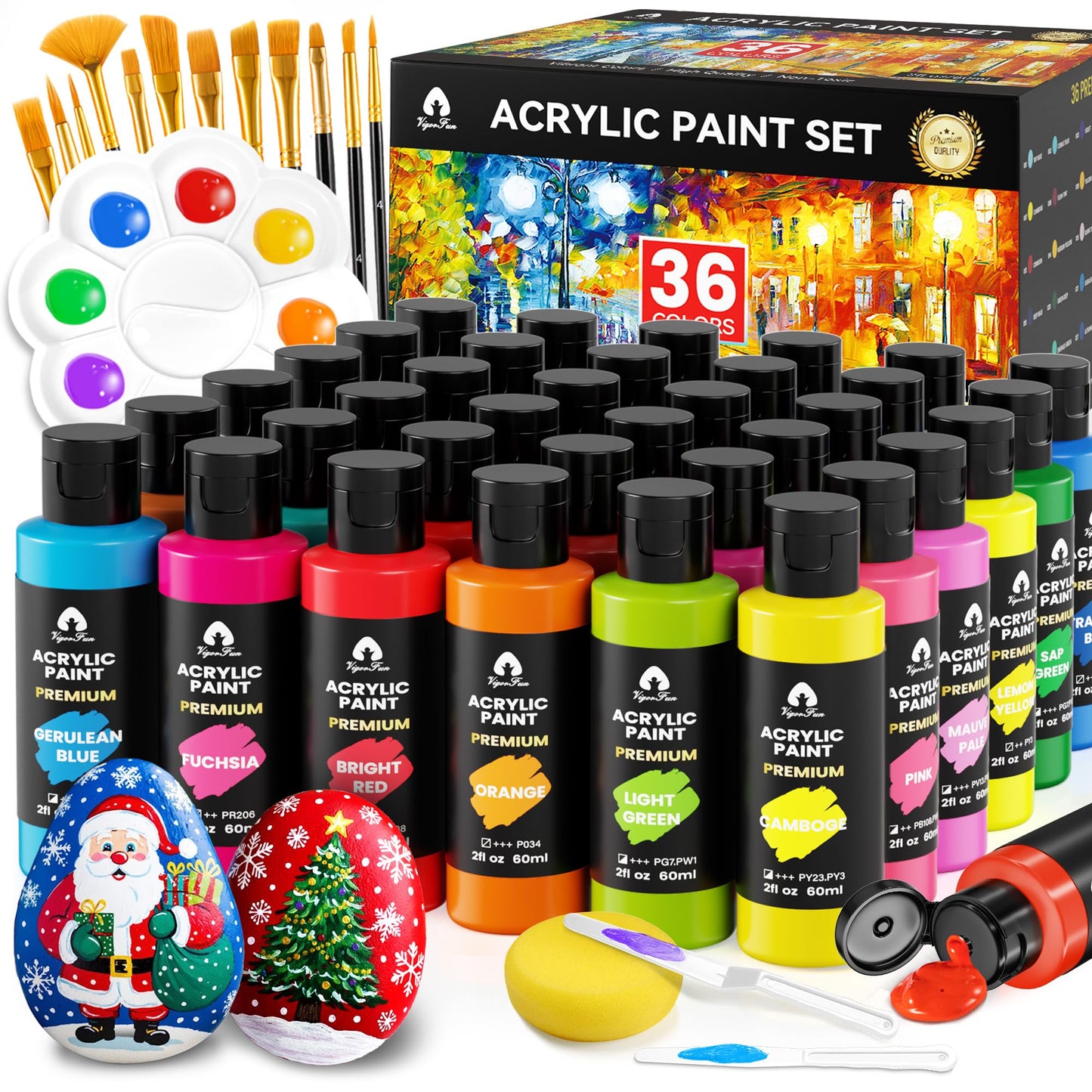 Acrylic Paint Set, 52 PCS Art Craft Paint Kit with 12 Brushes, 2oz/60ml Bottles, Gifts for Artists Adult Beginners Painting on Canvas Rocks Wood Ceramic Fabric Premium Art Supplies (36 Classic Colors)