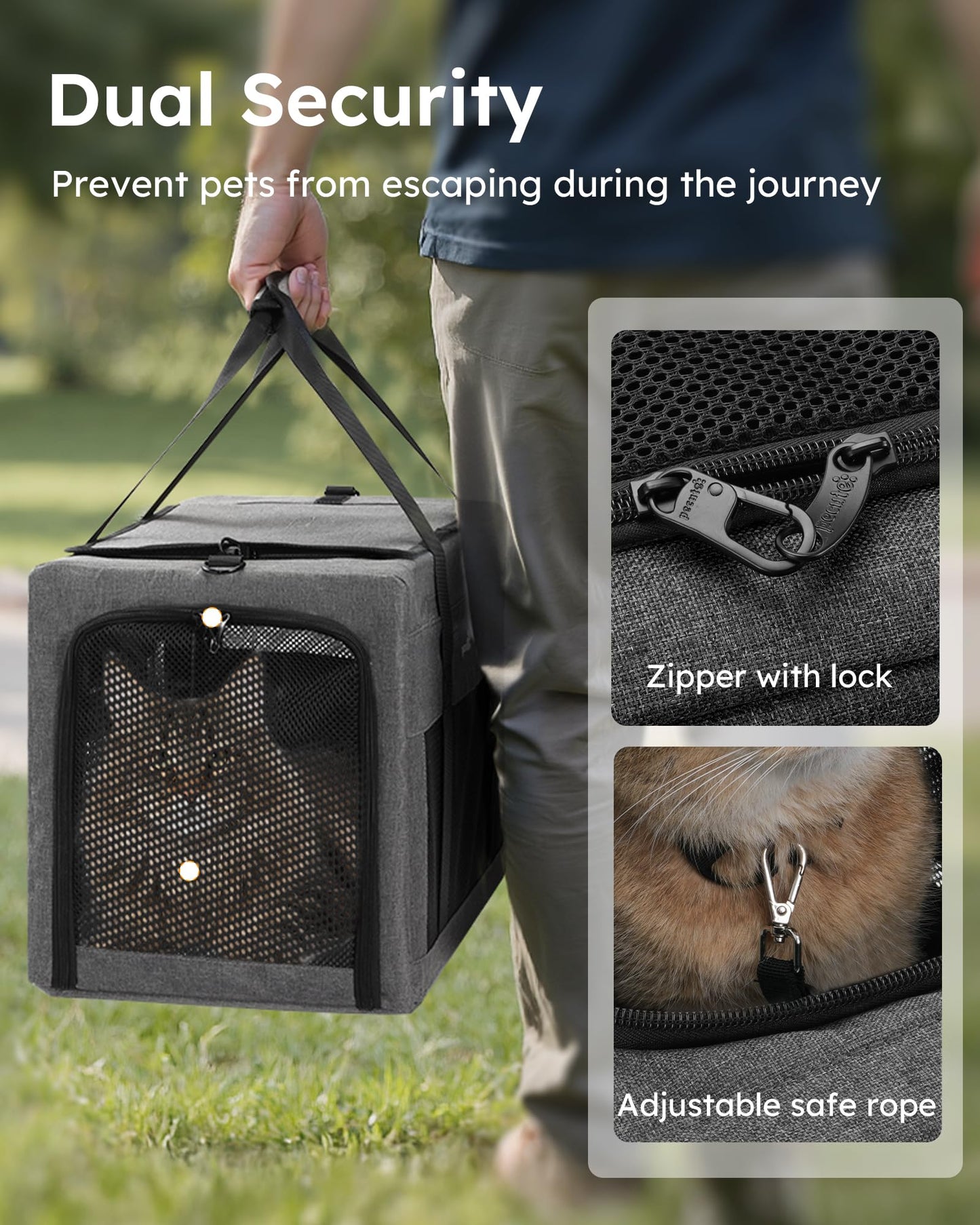 Pecute Cat Carrier 47 * 30 * 33cm, Thickened 5mm Steel Wire Frame, Stable Dog Carrier for Small Dogs, Breathable Foldable Pet Carrier with Sunshade, Suitable for Pets up to 7kg/15lbs (Gray),XL