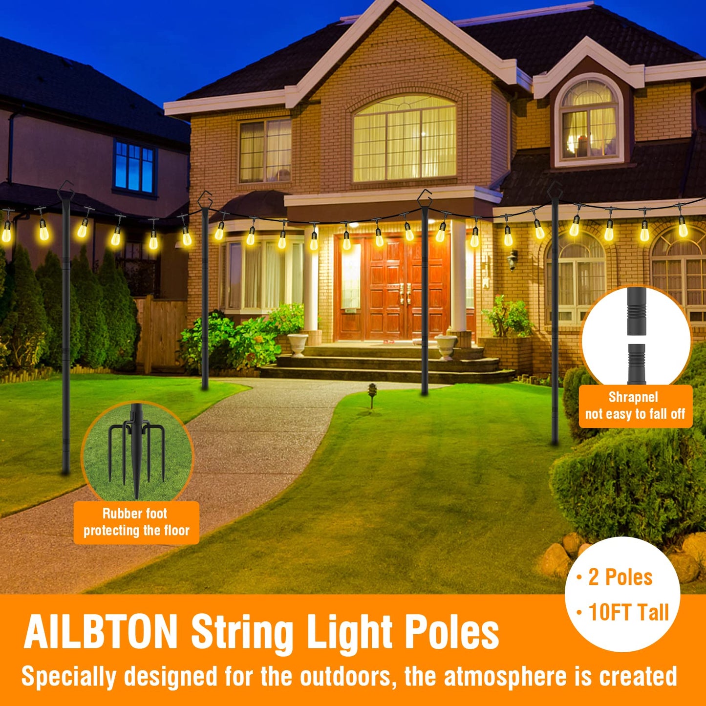 AILBTON 2 Pack 10Ft String Light Poles,Light Poles for Outside String Lights,Outdoor Light Poles with Fence Brackets for Hanging String Lights,Metal Poles Stand for Deck Patio Backyard