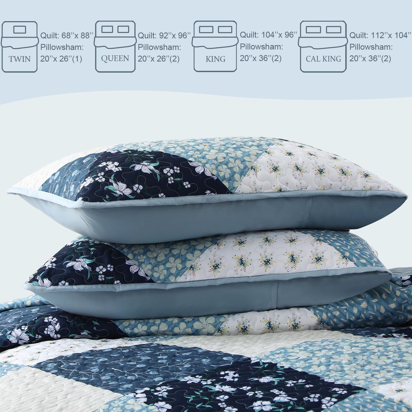 Exclusivo Mezcla Reversible Boho Quilt Set King Size, 3 Pieces Patchwork Blue All Season Bedspreads, Ultra Soft Floral Coverlet Bedding Set with Printed Pattern (1 Quilt, 2 Pillow Shams)