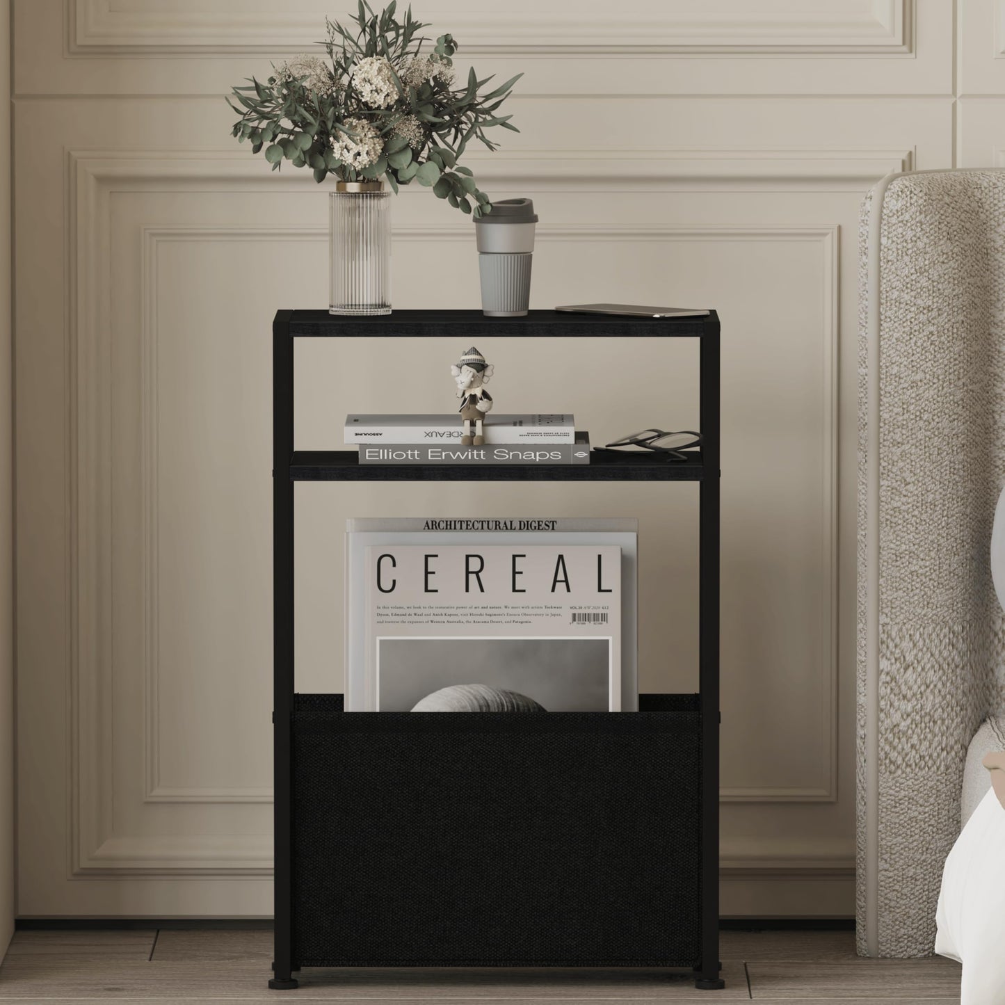 Leomonio Black Slim Side Table with Magazine Rack, Small Space-Friendly, Narrow Bedside Table for Living Room, Bedroom