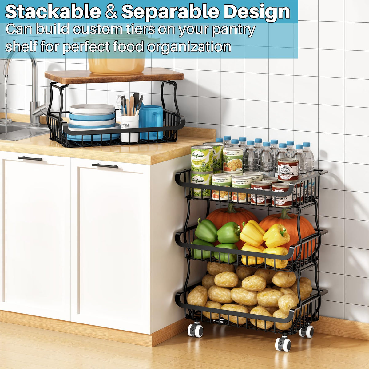 5 Tier Vegetable Fruit Basket for Kitchen, Stackable Metal Fruit and Vegetable Storage Baskets with Rolling Wheels Cart, Pantry organizers and storage for Kitchen Bathroom Livingroom Laundry room Cart