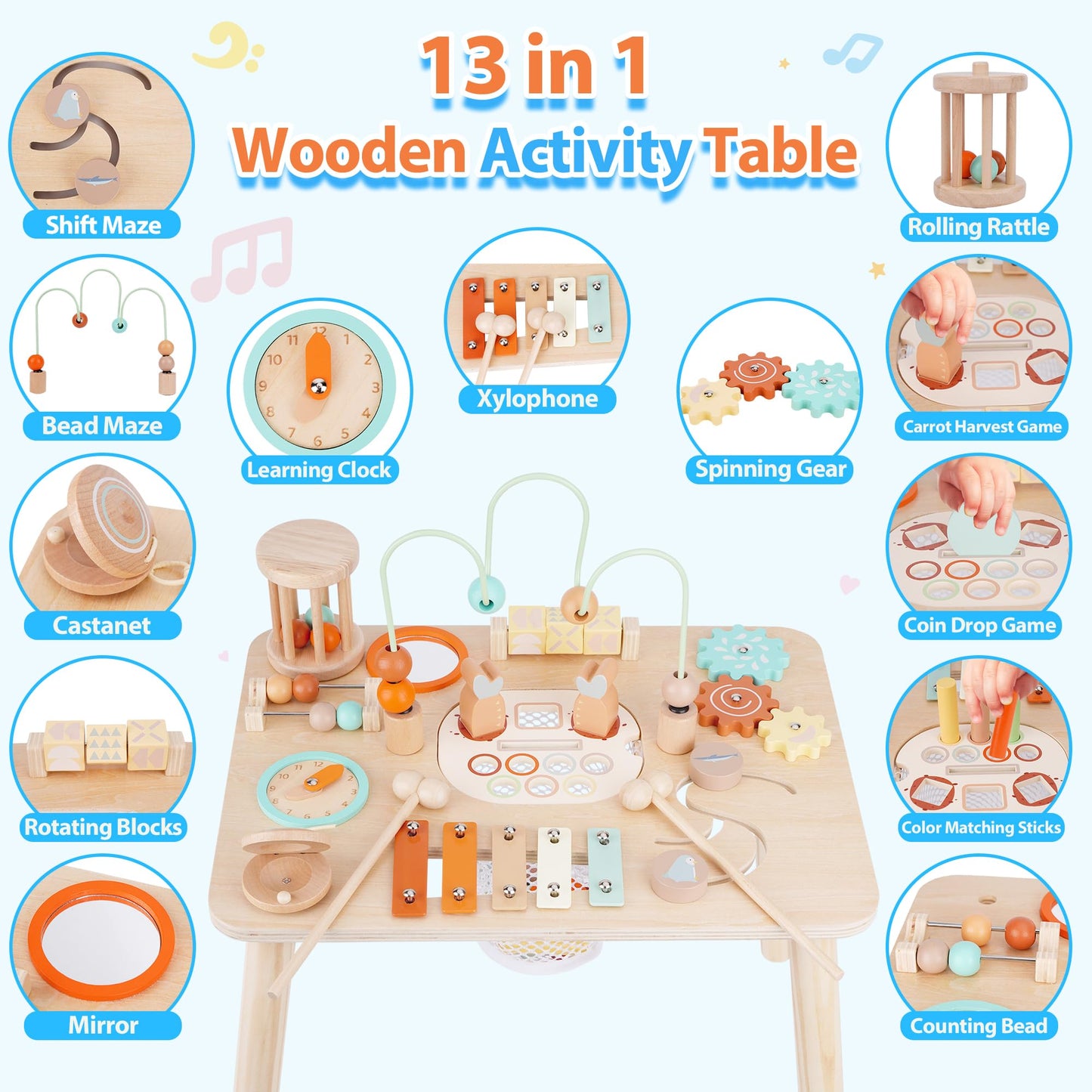 ATOYUS Activity Table, Montessori Toys for 1 2 Year Old Boys Girls Kid, 13 in 1 Wooden Sensory Play Table for Toddler 1-3, Educational Learning Toy for 12-18 Months Baby, 1st Christmas Birthday Gifts